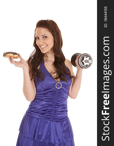 Woman Blue Dress Weights Smile At Donut