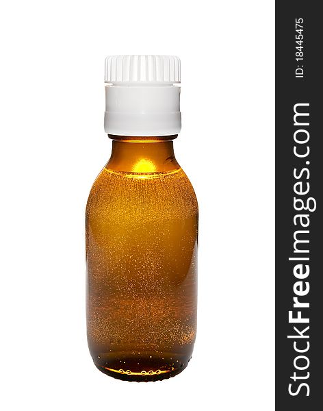 Medicine bottle. Brown glass. White childproof lid. 100ml. Isolated on white. Clipping path included.