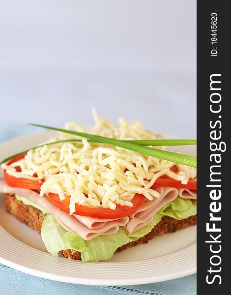 Tasty smoked ham, tomato and mozzarella cheese sandwich on wholewheat bread. Tasty smoked ham, tomato and mozzarella cheese sandwich on wholewheat bread