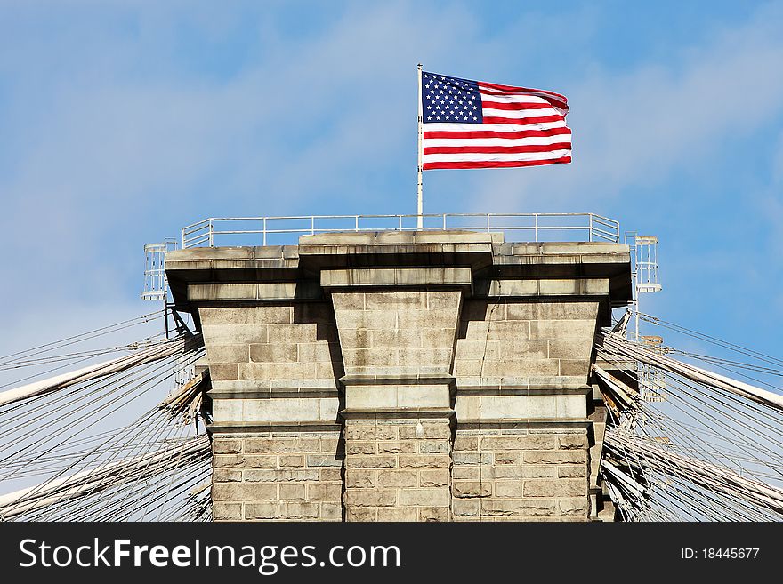 American flag on the top Brooklyn Bridge