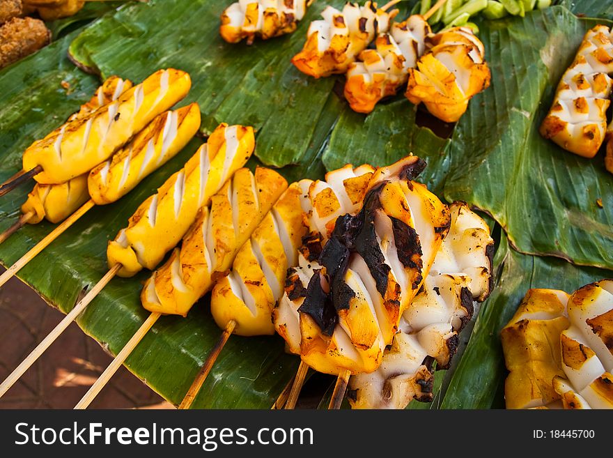Grilled Squid on banana leaves ready for eat
