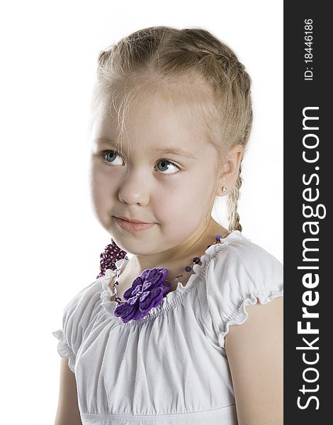 Little girl smile and looking upwards. White isolated. Little girl smile and looking upwards. White isolated.