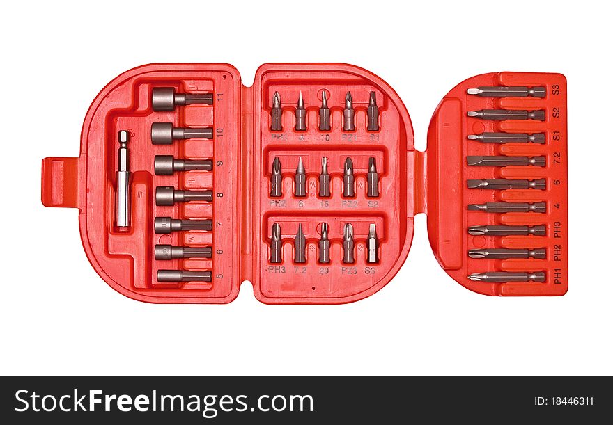 The set of different screw-drivers in a box