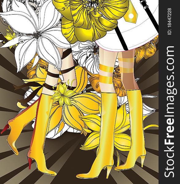 Art background with  yellow flowers and fragment of the  girls feet's and  accessories. Art background with  yellow flowers and fragment of the  girls feet's and  accessories