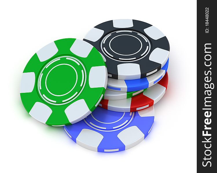 Poker gambling chips in pile top view isolated on white