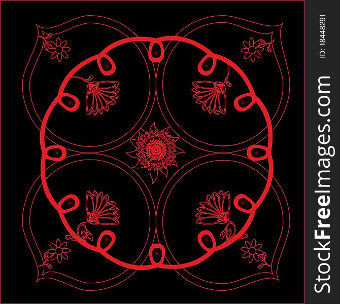 Vector illustration of red floral pattern under the black background