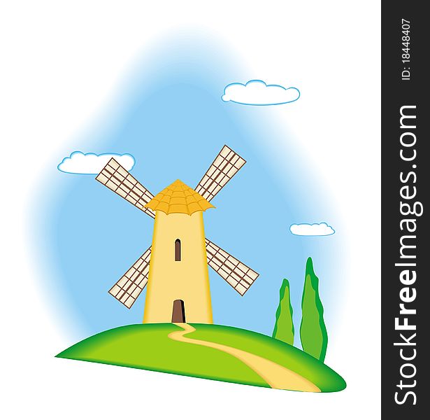 Picture of ancient windmill on the green hill. Picture of ancient windmill on the green hill