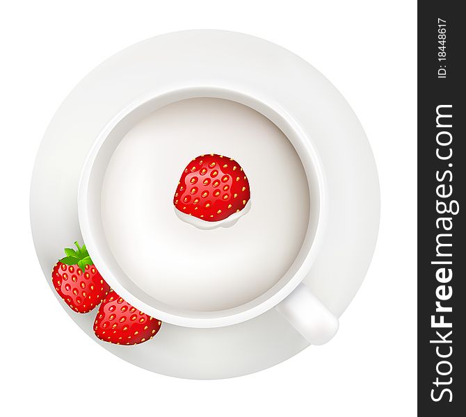 Cup With Milk And Strawberry, Isolated On White Background, Vector Illustration