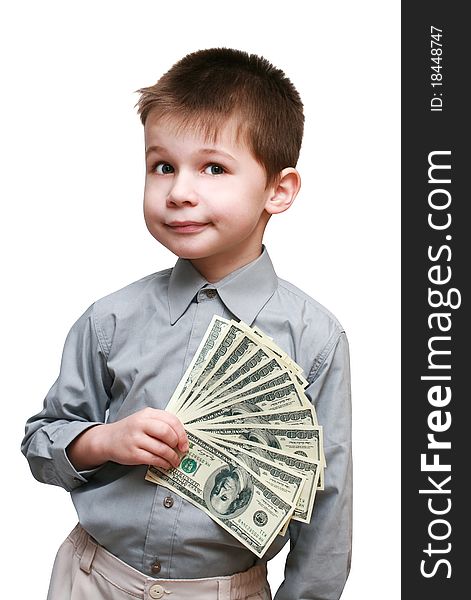 Boy holding a lot of dollars on a white background