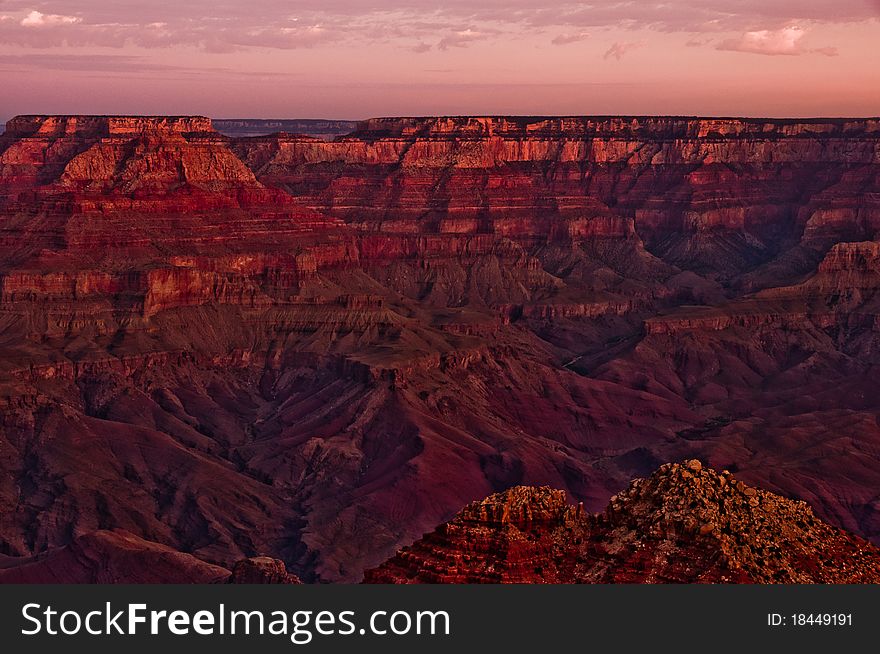 Grand Canyon sunrise south rim overlook with clouds above. Grand Canyon sunrise south rim overlook with clouds above