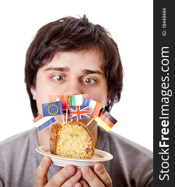 Men keep cake with european flags. Studio shot.