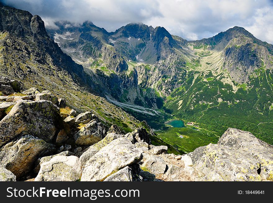 Slovakia High Tatras Green mountain lake and high green hills