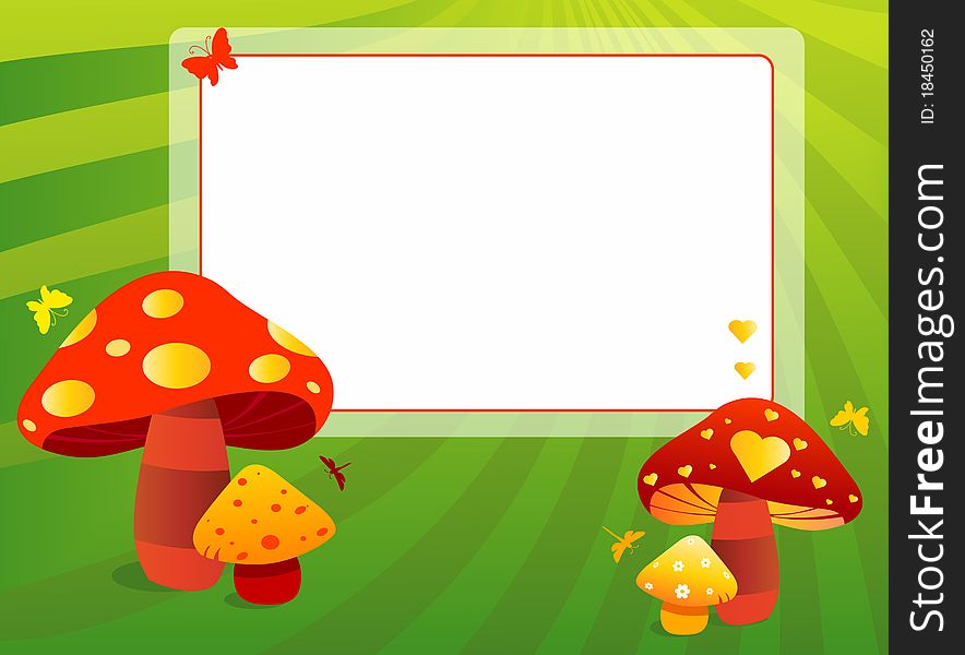 A illustration of text board design with mushroom and butterfly decorations