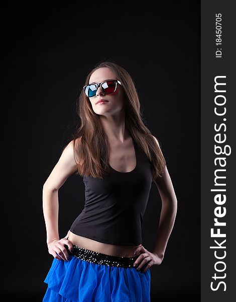 Beauty girl dance disco style in anaglyph glasses