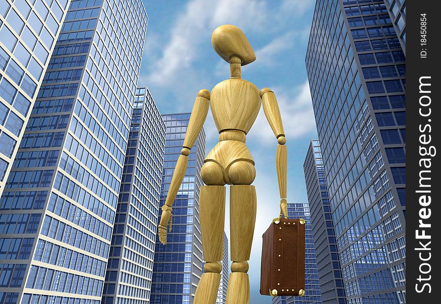 Very high resolution 3d rendering of a wooden mannequin with a baggage looking at the skyscrapers. Very high resolution 3d rendering of a wooden mannequin with a baggage looking at the skyscrapers.