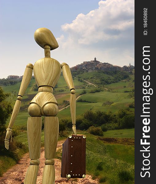 High resolution 3d rendering of a wooden mannequin with a luggage going to the country. High resolution 3d rendering of a wooden mannequin with a luggage going to the country.