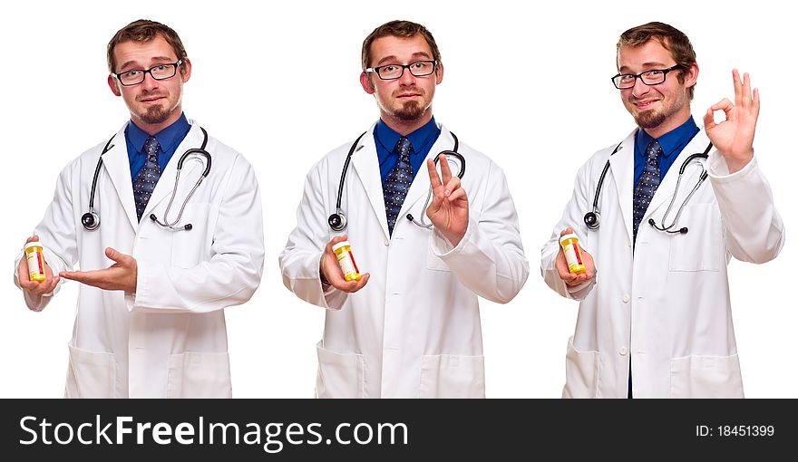 Triple Set of the Same Male Doctor with Prescription Bottle Isolated on a White Background. Triple Set of the Same Male Doctor with Prescription Bottle Isolated on a White Background.