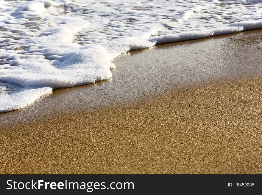 Wet sand on the beach and one wave