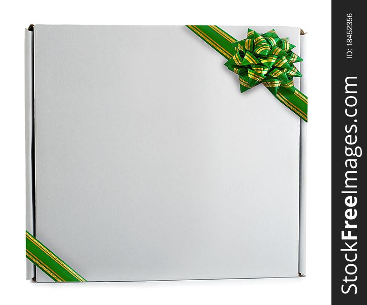 Gift box green ribbon bow isolated on the white background