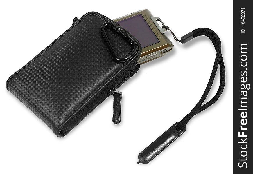 Small compact digital camera being stored in a pouch for protection