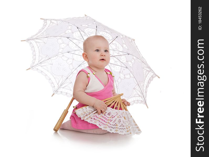 Child with umbrella and fan
