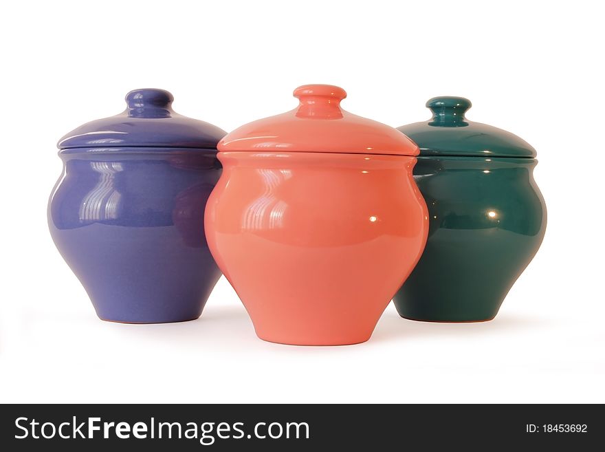 Three Enameled Ceramic Pots for Stew. Three Enameled Ceramic Pots for Stew