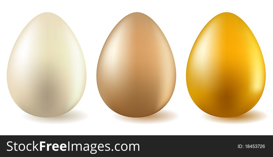 Three realistic eggs - white,beige and gold one.
