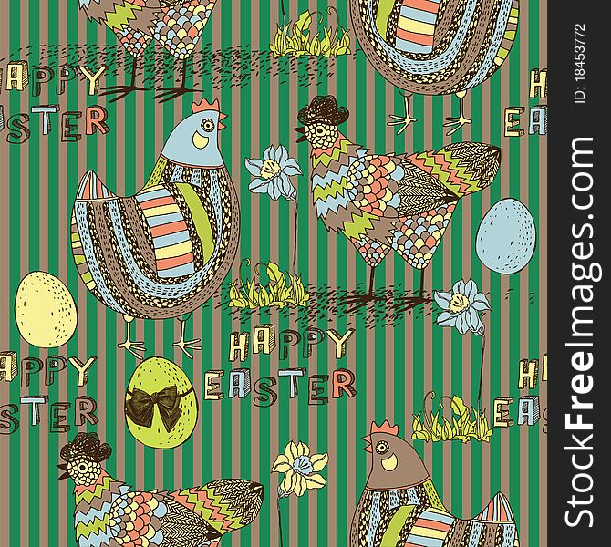 Seamless pattern with chicken, cock, eggs and narcissus on green stripe background. Seamless pattern with chicken, cock, eggs and narcissus on green stripe background