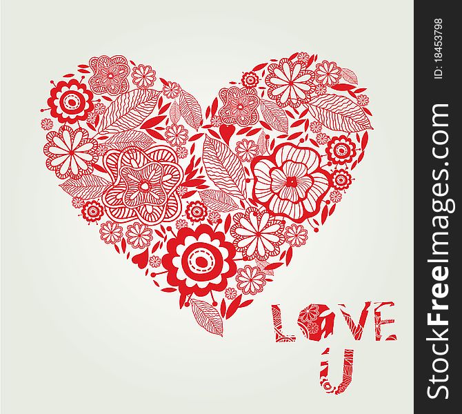 Floral red heart and text ' LOVE U ' on light background. Floral red heart and text ' LOVE U ' on light background