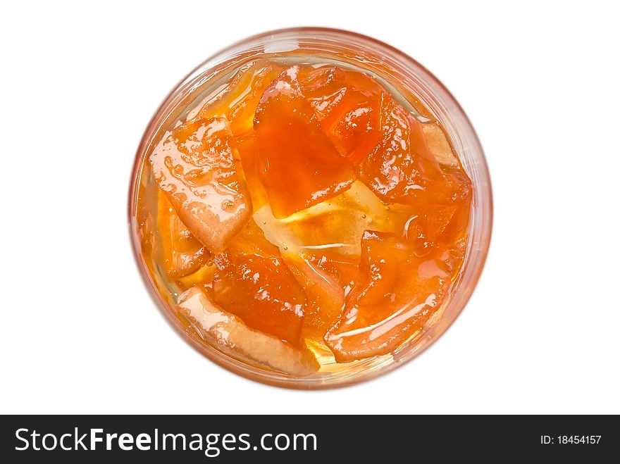 Orange jam in round glass, view from above. Orange jam in round glass, view from above