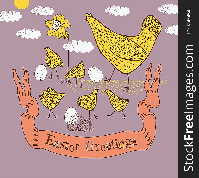 Easter background with hen, chicks, eggs, narcissus and clouds. Easter background with hen, chicks, eggs, narcissus and clouds