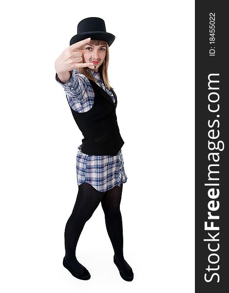 Girl with painted mustaches and bowler hats on white background