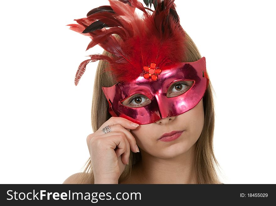 Portrait girl in the red masquerade mask on a white background