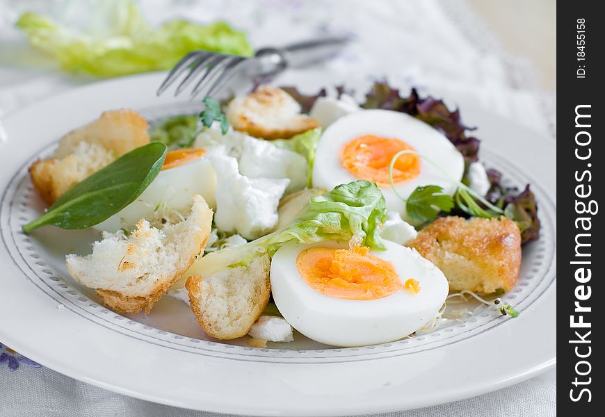 A fresh and light salad with egg and cheese. A fresh and light salad with egg and cheese