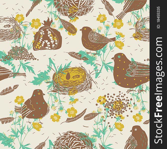 Birds And Nests. Seamless Pattern