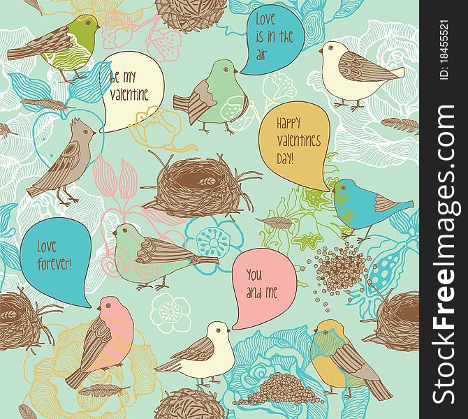 Birds with speech bubbles and nests on floral background. Birds with speech bubbles and nests on floral background