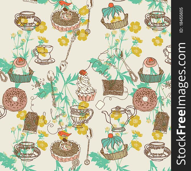 Seamless pattern  with cake, cups, teabags, spoon, bird, cupcake on floral background. Seamless pattern  with cake, cups, teabags, spoon, bird, cupcake on floral background