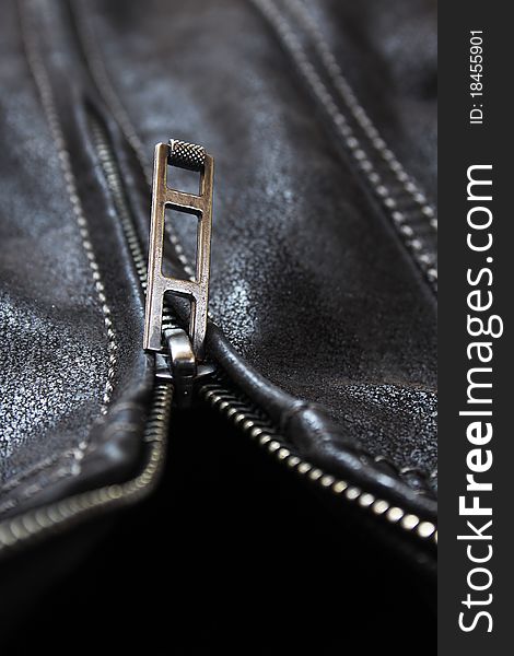 Close UP leather jacket ZIp. Close UP leather jacket ZIp