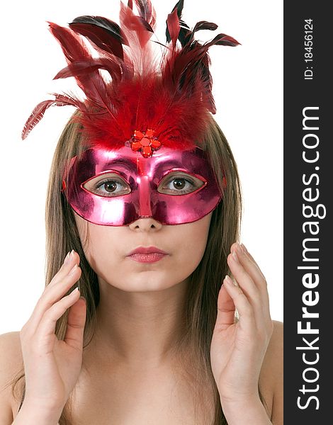 Portrait girl in the red masquerade mask on a white background