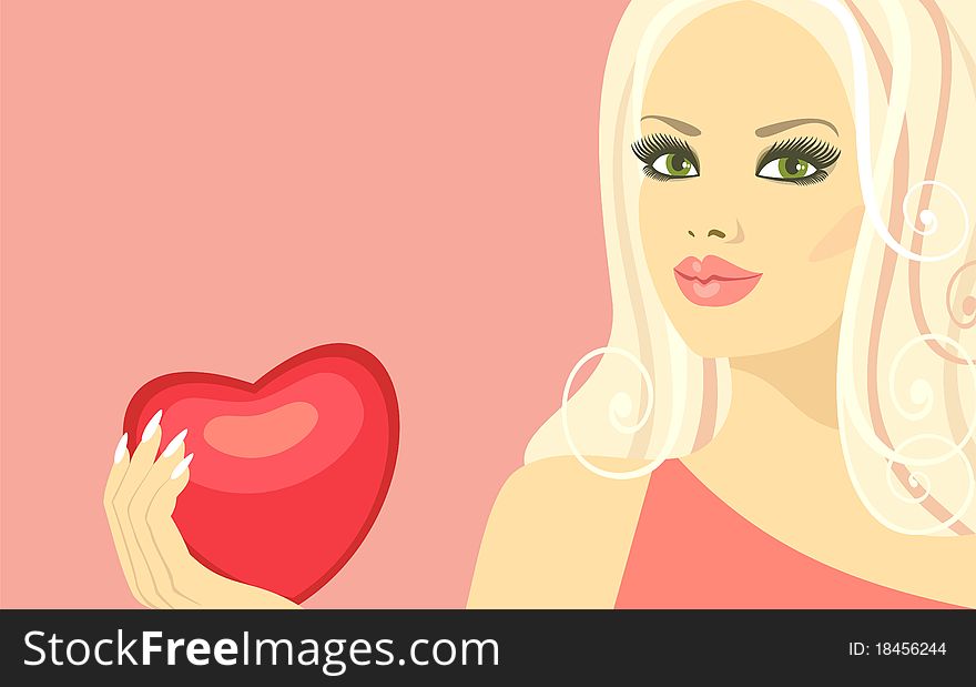 Blonde girl with red heart on pink background. Blonde girl with red heart on pink background