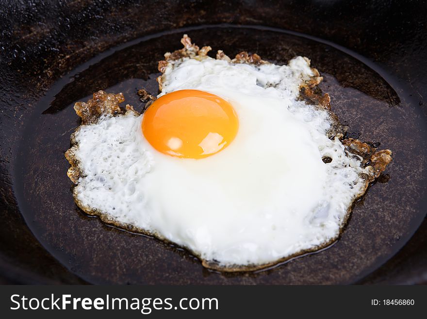 Fried eggs on a frying pan