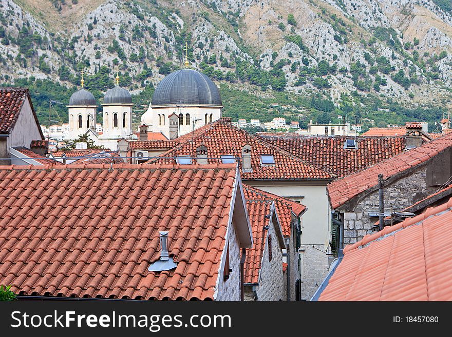 Kotor orange rooftops and grey church towers. Kotor orange rooftops and grey church towers