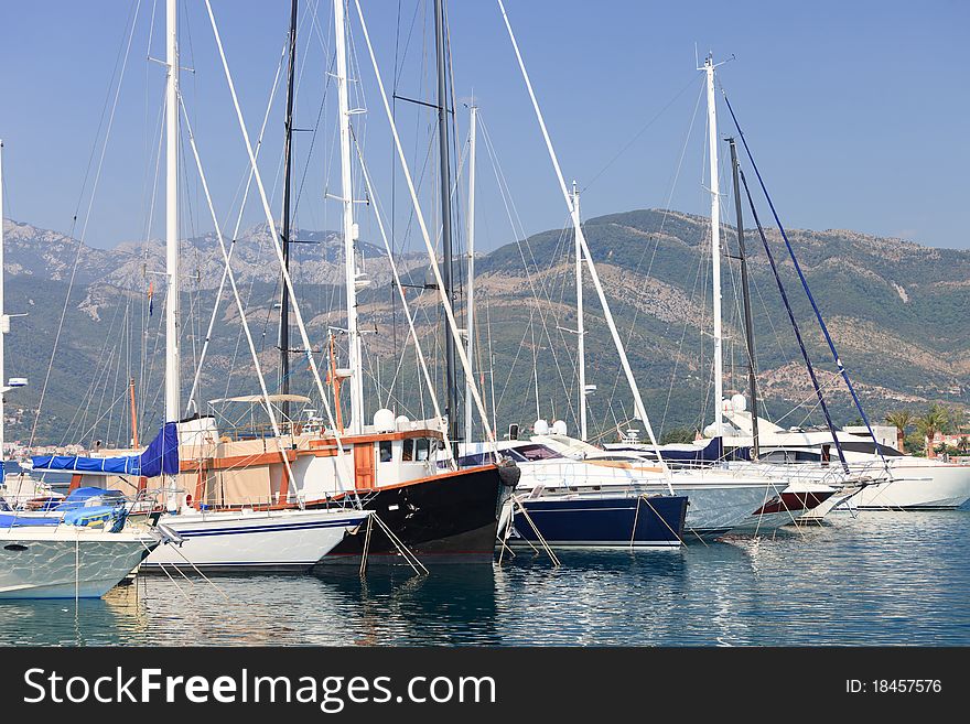 Sailboats at dock in Montenegro in the summer