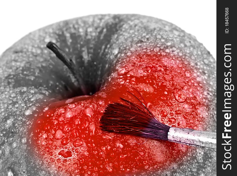 Paints a red apple with a brush. Paints a red apple with a brush.