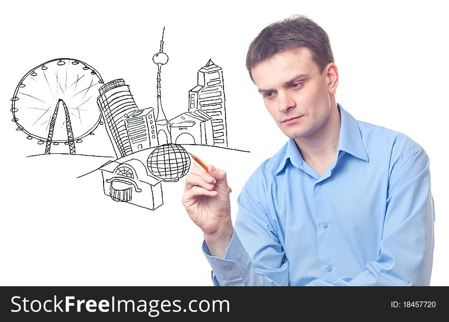 Businessman drawing a city on white background