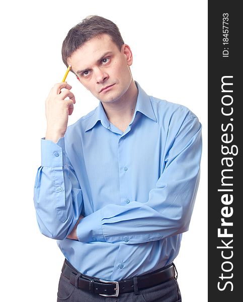 Young businessman lost in thoughts over white background