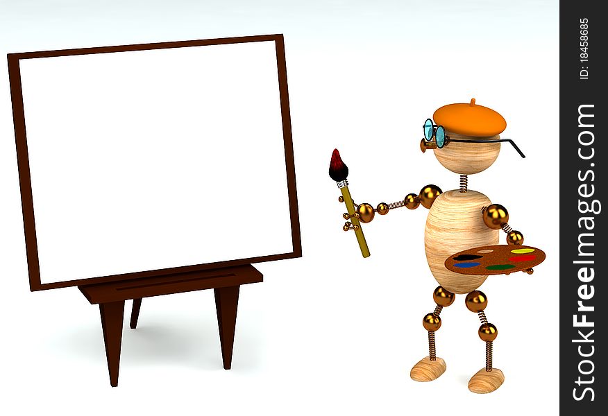 3d wood man as a painter isolated on white