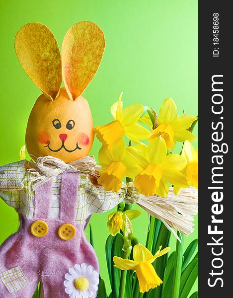 Easter joyful ranbbit with yellow spring flower narcissus. Easter joyful ranbbit with yellow spring flower narcissus