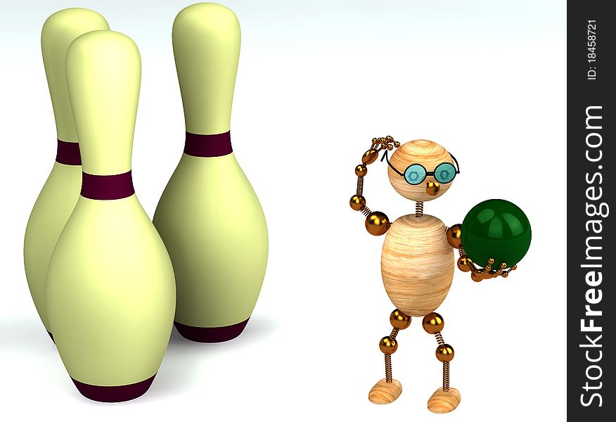 3d wood man is playing bowling isolated on white