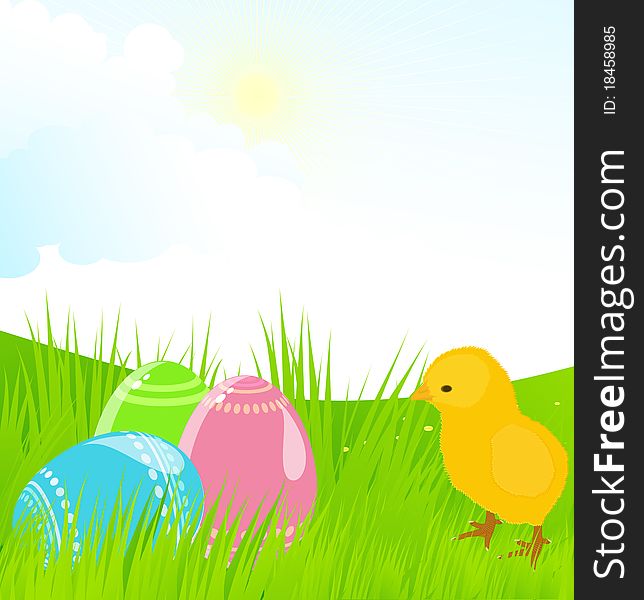 The illustration contains the image of Easter landscape